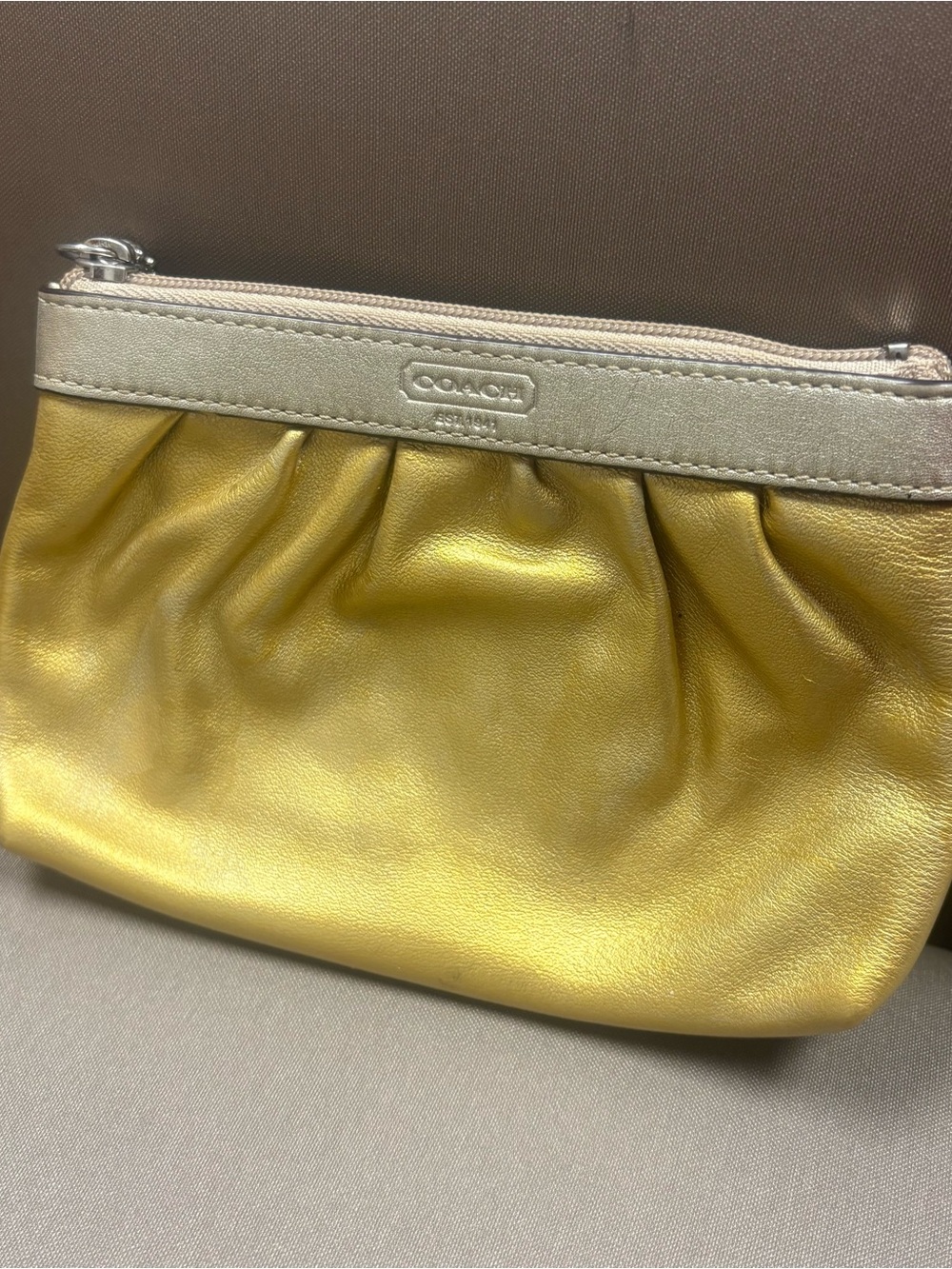 #39 Coach Gold Metallic Leather Pleated Wristlet/Clutch